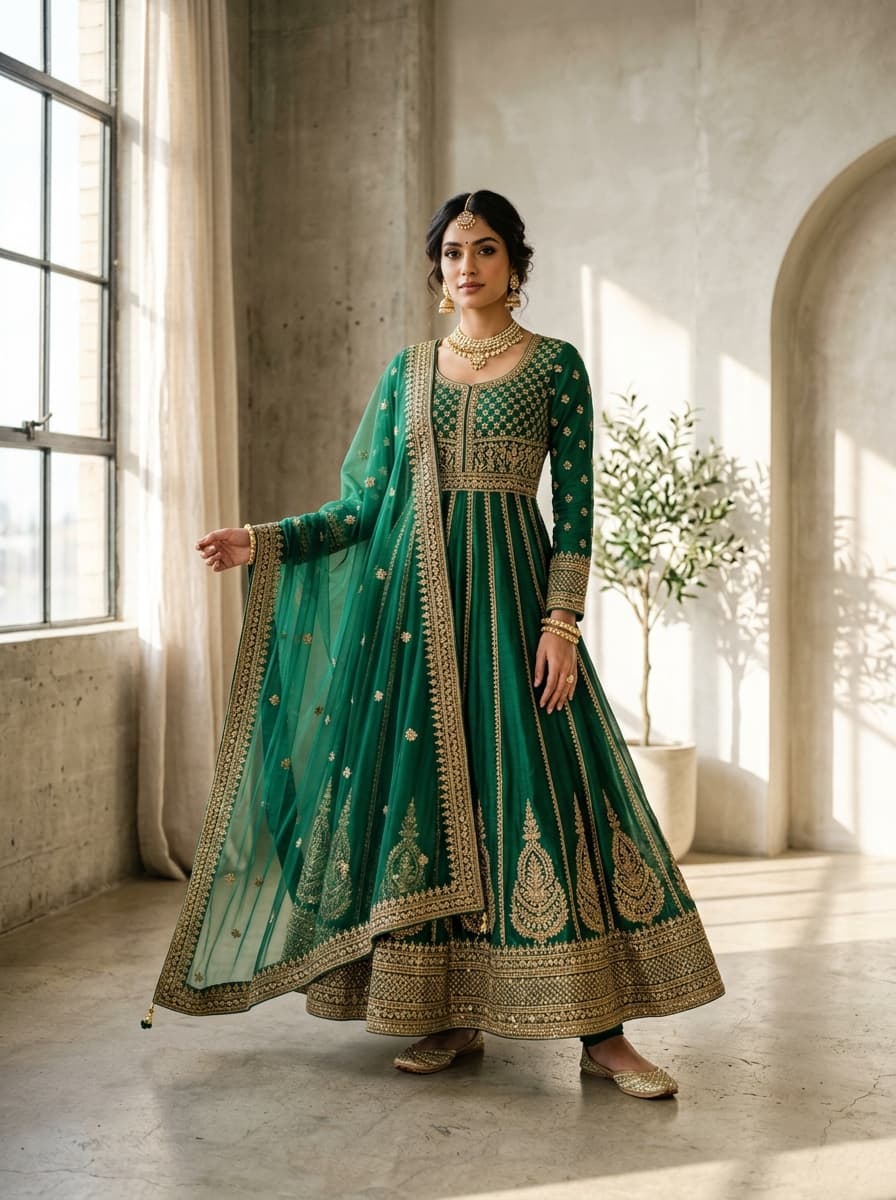 Model photograph generated from emerald green unstitched suit fabric